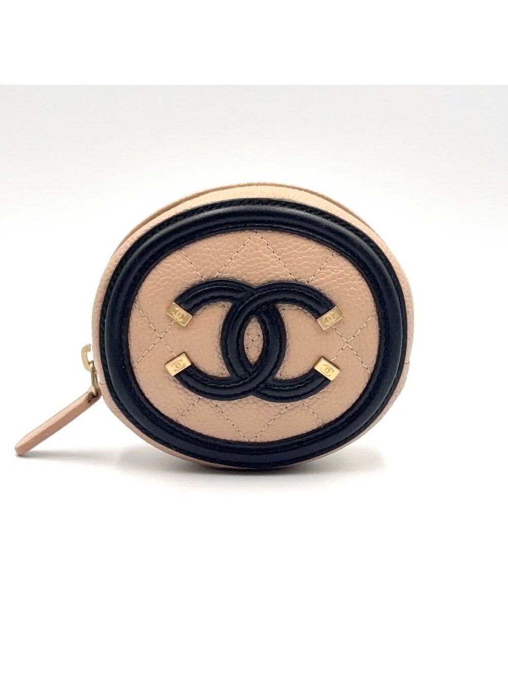 Chanel CC Stand Caviar Leather Black Beige Coin Case Gold